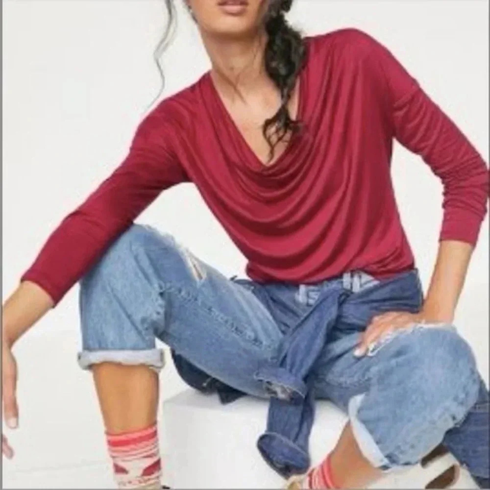 Anthropologie Woman’s Red Wine Burgundy Draped Cowl Neck Blouse Size XS